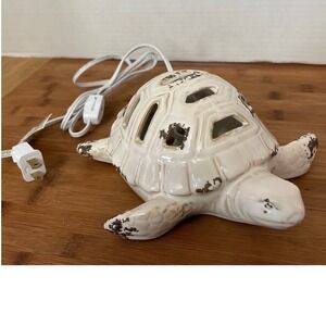 Distressed White Ceramic Sea Turtle Accent Lamp Coastal Animal Night Light